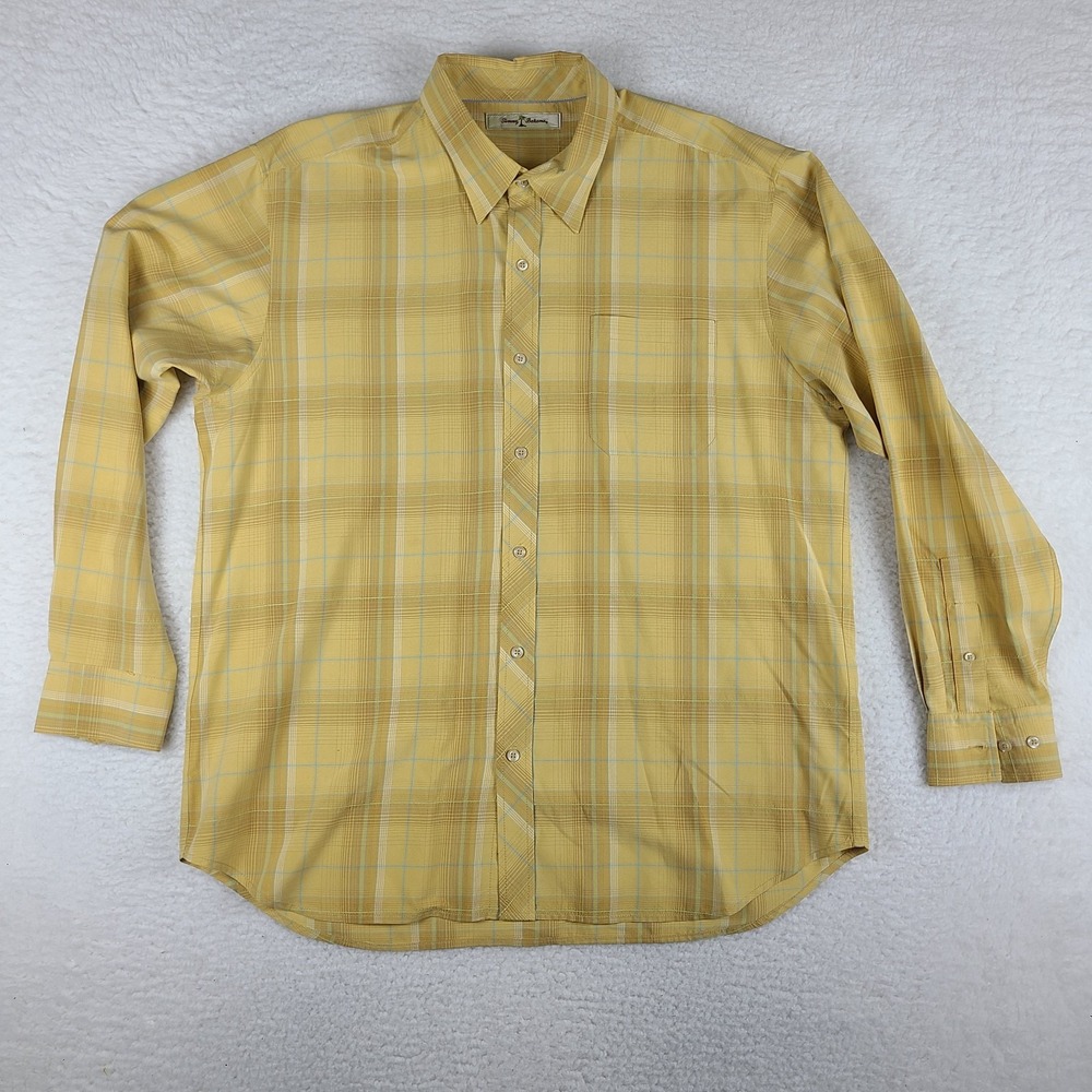 Tommy Bahama Dress Shirt Mens XL Blue Yellow Plaid 100%‎ Silk Button Up